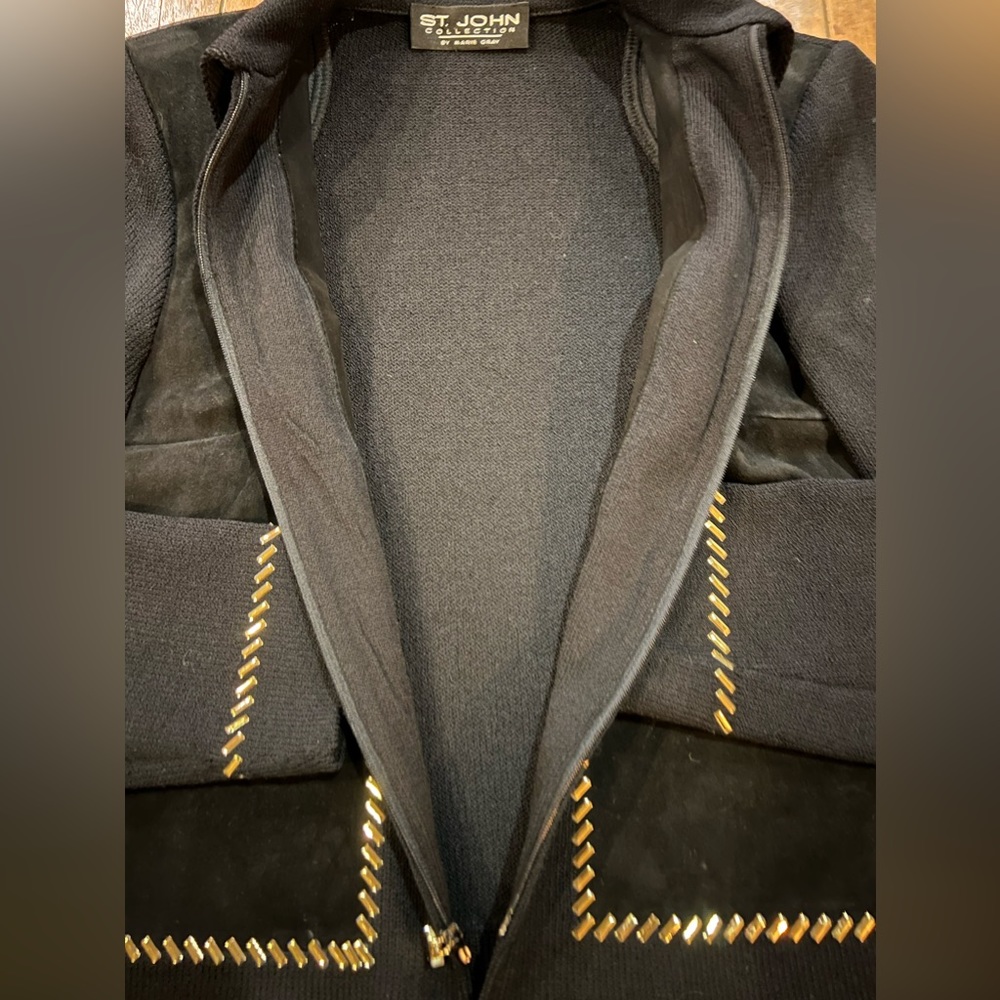 St. John Collection, Marie Gray Knit Suede Front + Gold Hardware Jacket Sweater - Picture 4 of 6